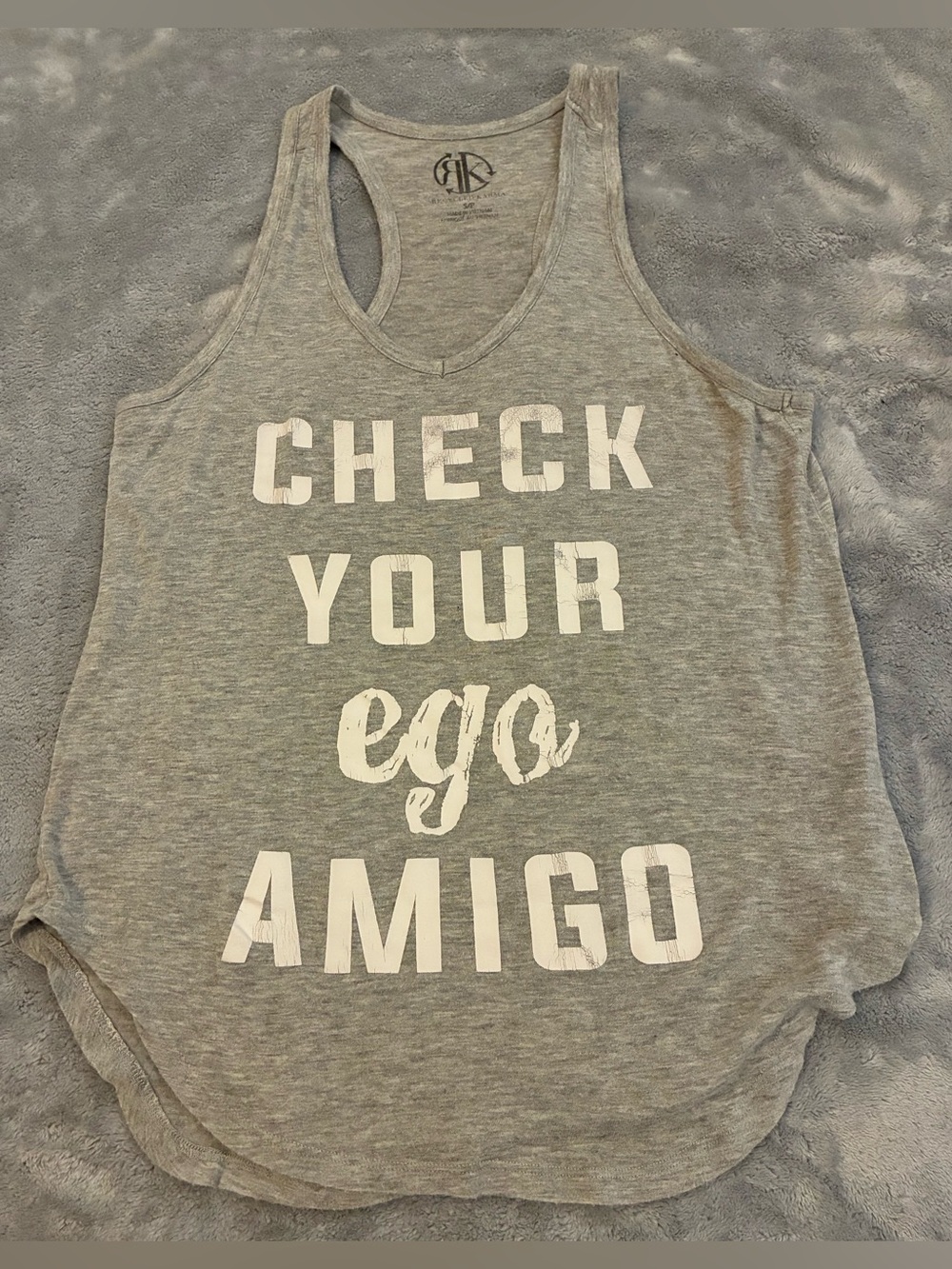Women’s Recycled Karma Gray Graphic Tank Top "CHECK YOUR EGO AMIGO" Size Small